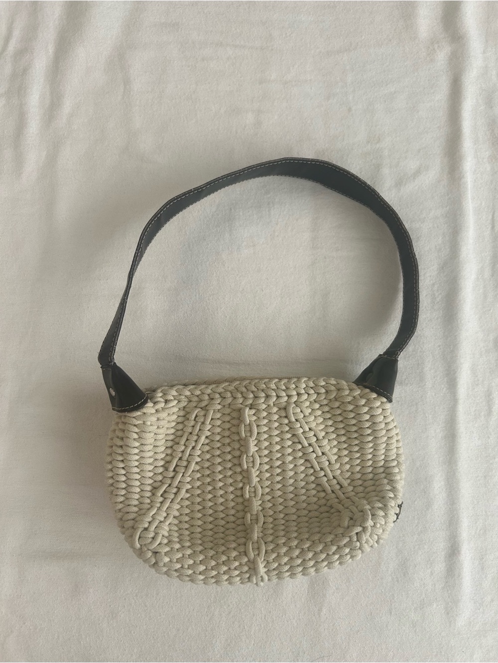 Liz Claiborne Woven Rope Shoulder Bag Ivory Cream Knit Zip Top Purse Y2K